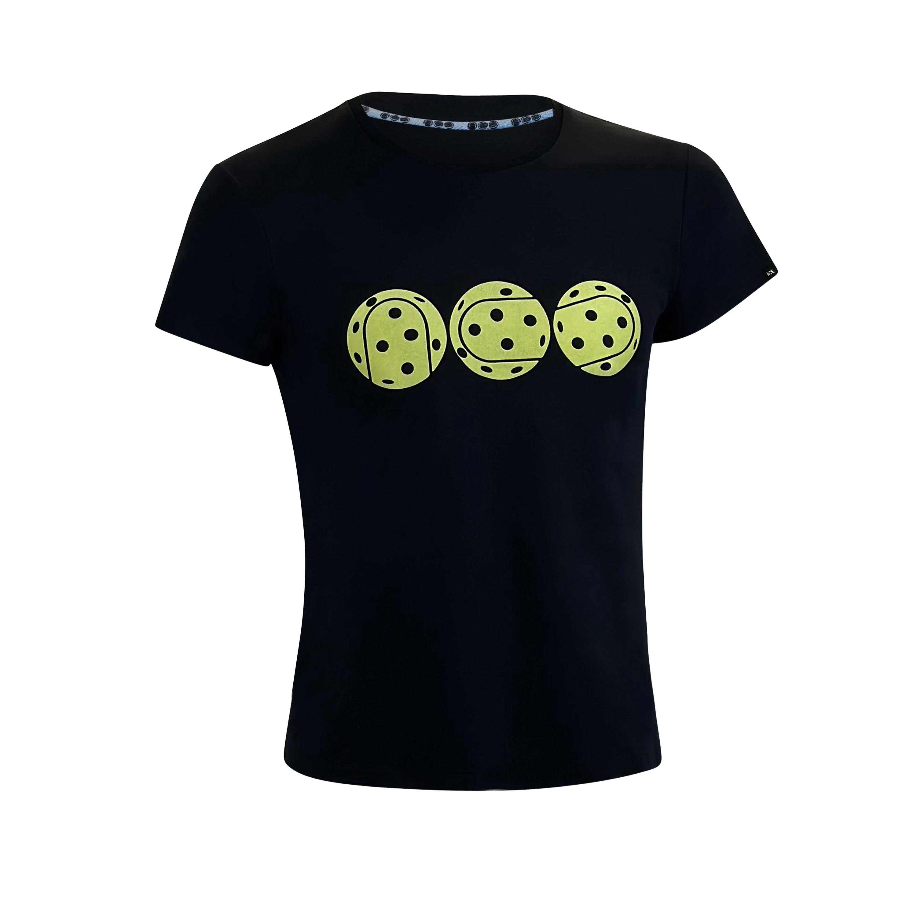 premium cotton tee featuring a unique soft-touch print with yellow polka dots on a black background.