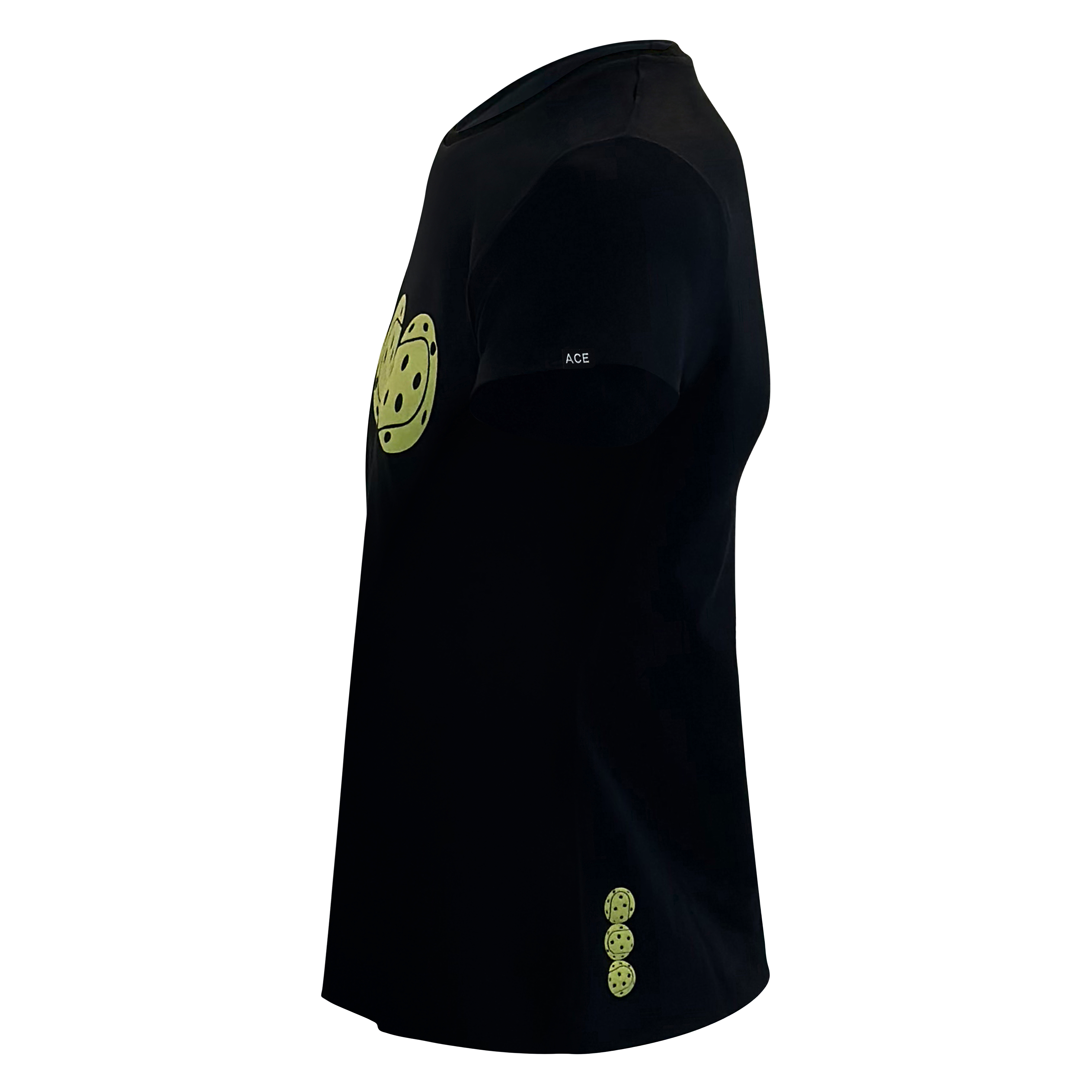 Side view of premium cotton tee in black with unique print and branding, designed for style and comfort.